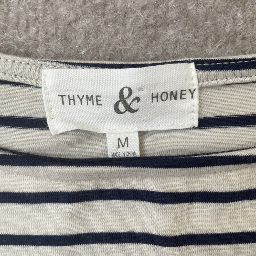 Thyme & Honey Shirt Womens Medium Cream Blue Striped Casual 3/4 Sleeve Casual - Picture 3 of 7